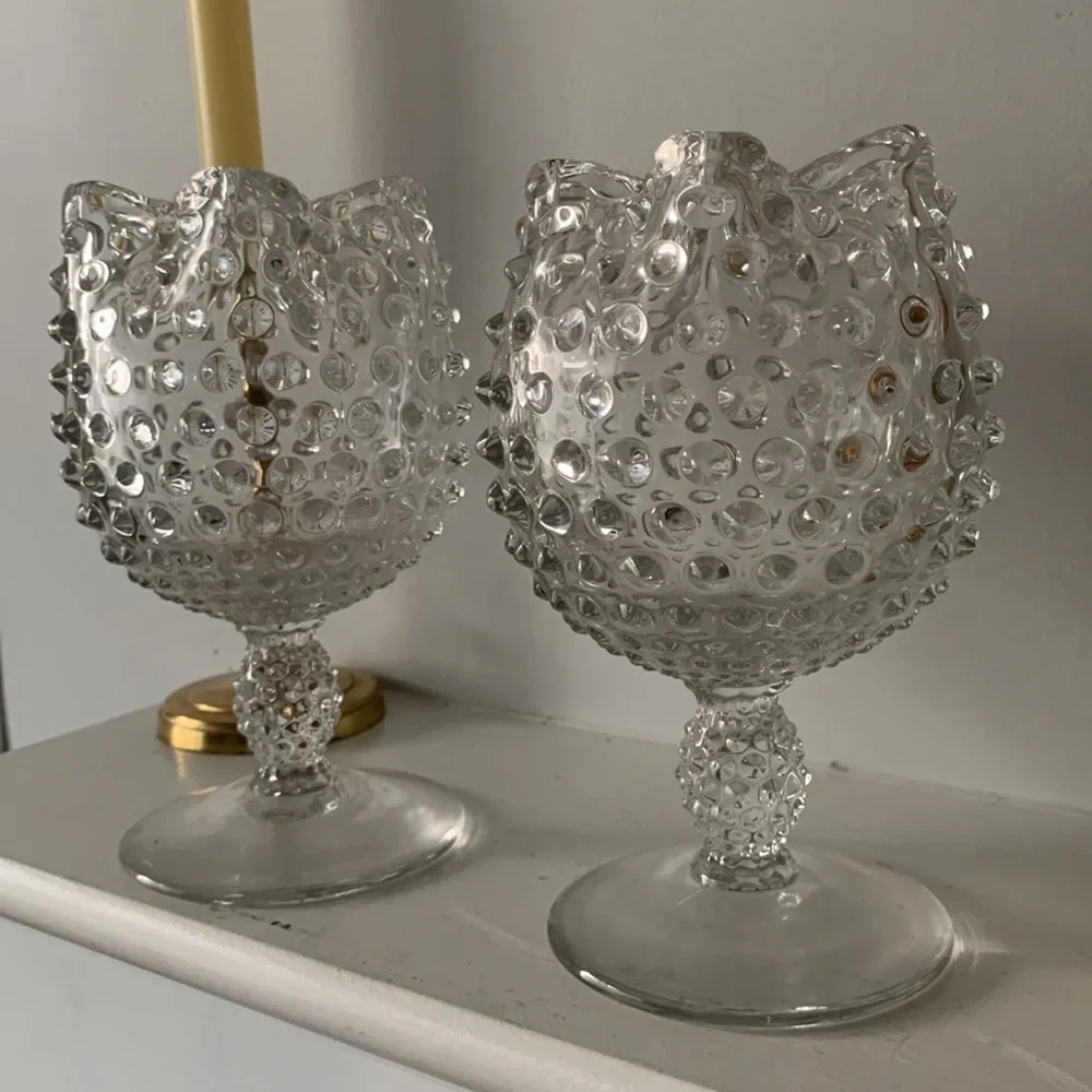 Vintage Duncan Miller‎ Hobnail Rose Bowl Vase Clear Glass Pedestal Base set of 2